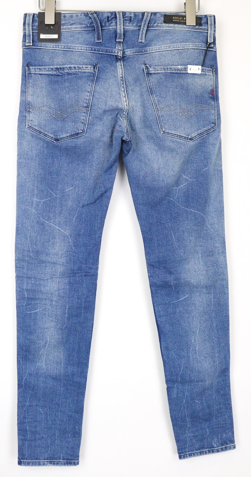 REPLAY Anbass vyriški džinsai W29/L32 Slim Fit skalbtos mėlynos tamprios medvilnės džinso medžiagos 