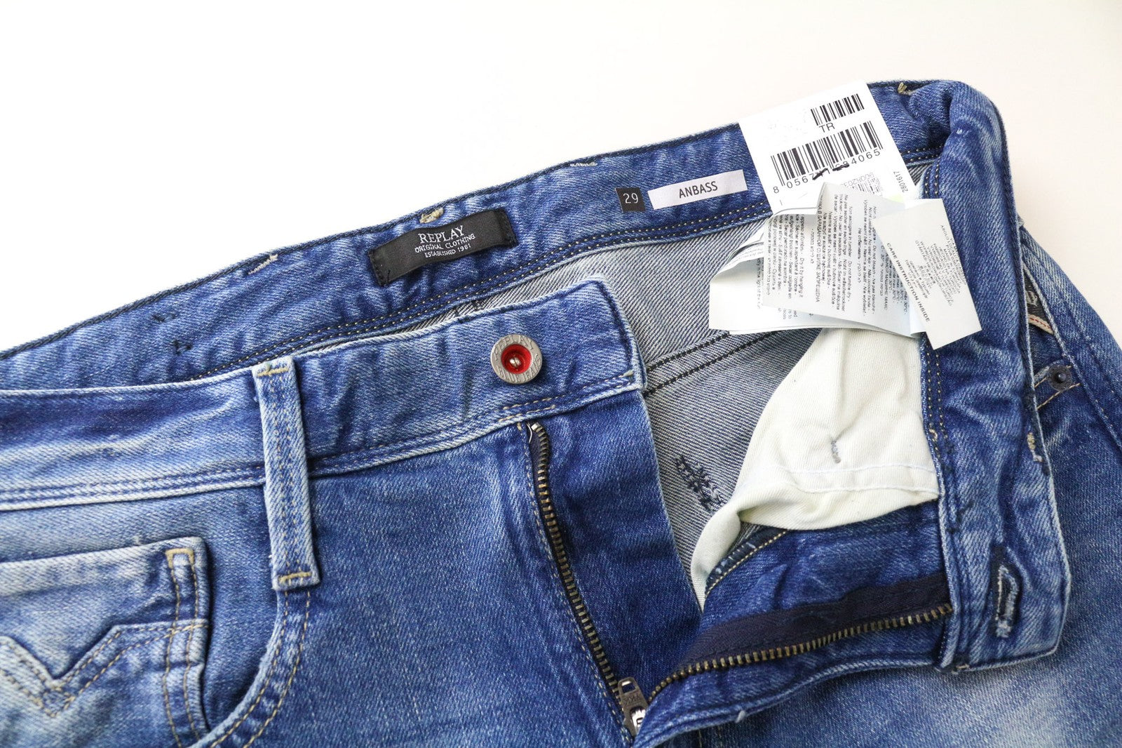 REPLAY Anbass vyriški džinsai W29/L32 Slim Fit skalbtos mėlynos tamprios medvilnės džinso medžiagos 