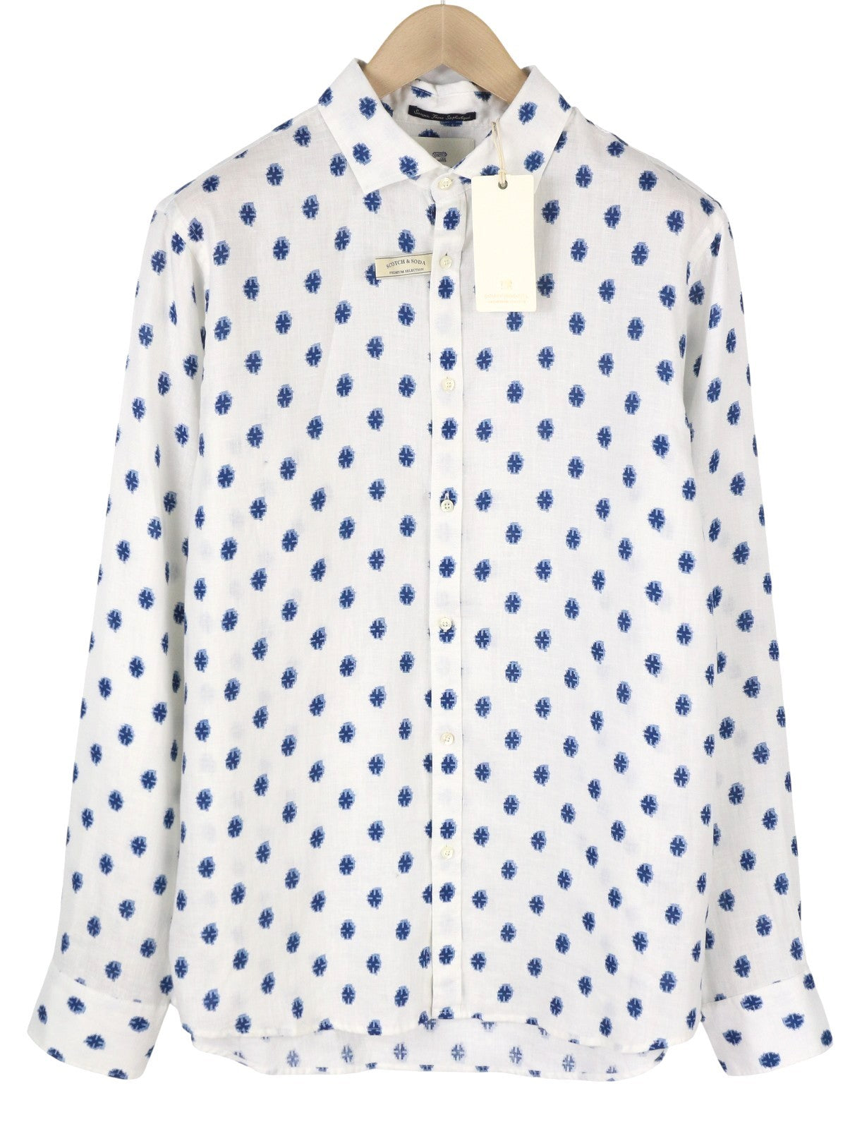 SCOTCH &amp; SODA vyriški XL dydžio balti raštuoti lininiai marškinėliai su sagomis ir laisvalaikio logotipu 