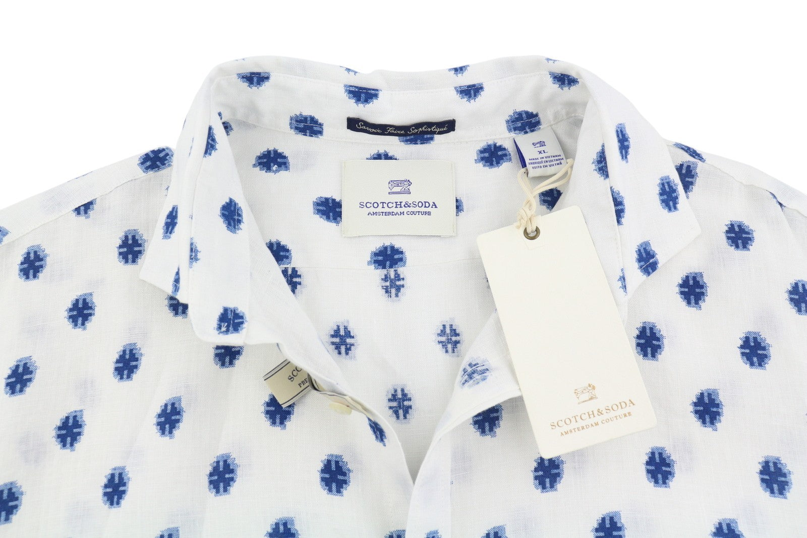 SCOTCH &amp; SODA vyriški XL dydžio balti raštuoti lininiai marškinėliai su sagomis ir laisvalaikio logotipu 