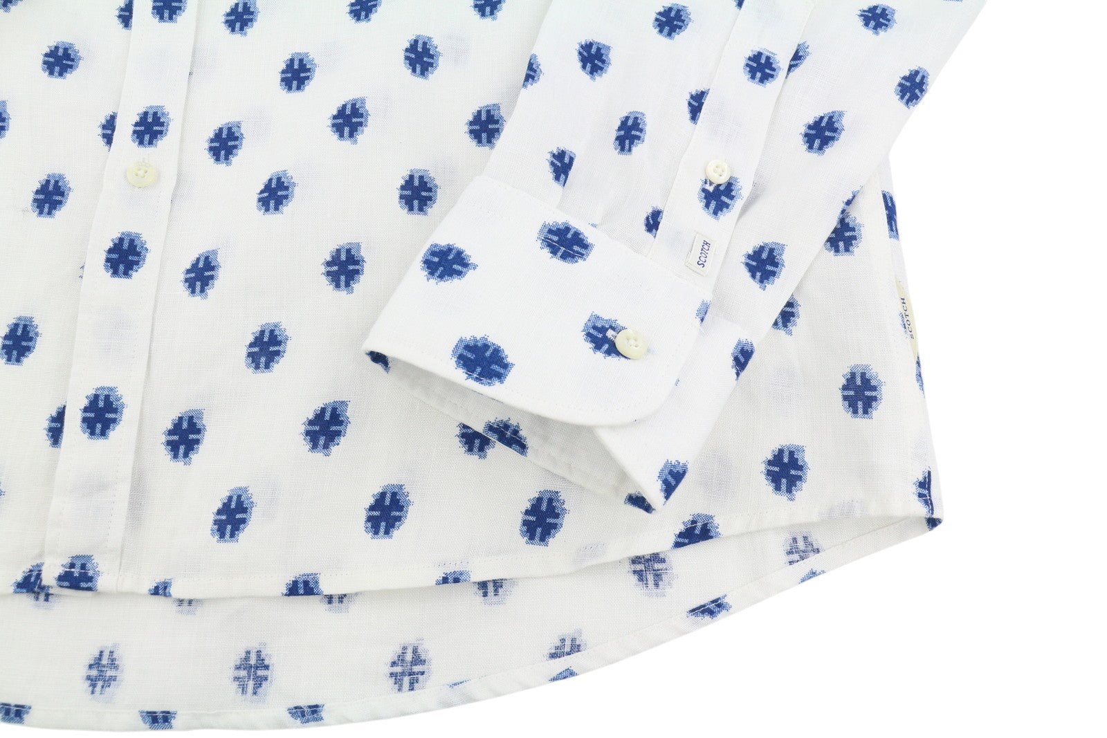 SCOTCH &amp; SODA vyriški XL dydžio balti raštuoti lininiai marškinėliai su sagomis ir laisvalaikio logotipu 