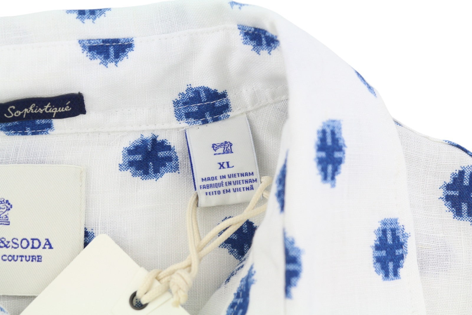 SCOTCH &amp; SODA vyriški XL dydžio balti raštuoti lininiai marškinėliai su sagomis ir laisvalaikio logotipu 