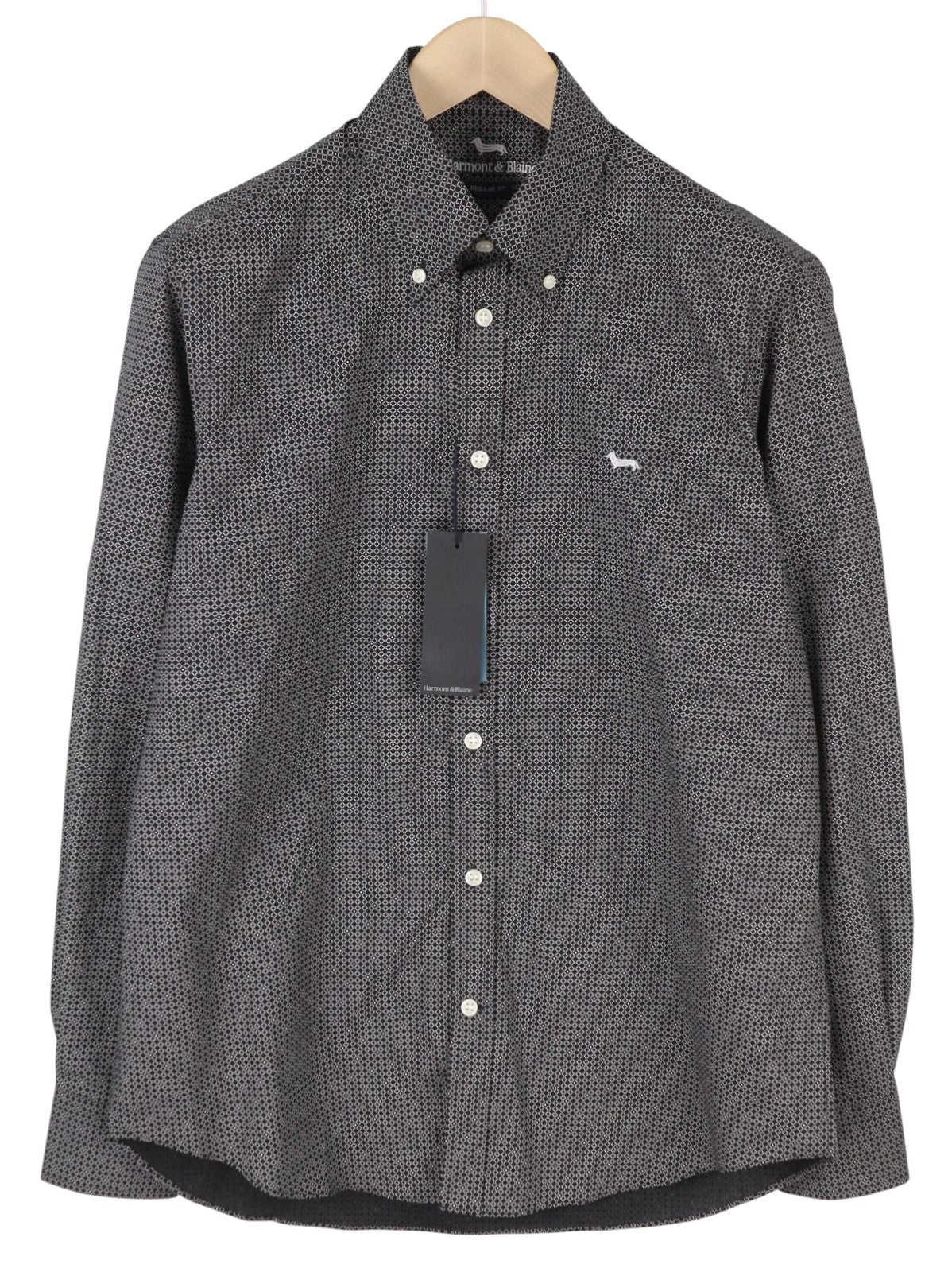 HARMONT &amp; BLAINE įprasto kirpimo vyriški marškinėliai L, juodi, raštuoti, su sagomis užsegama apykakle, laisvalaikio stiliaus