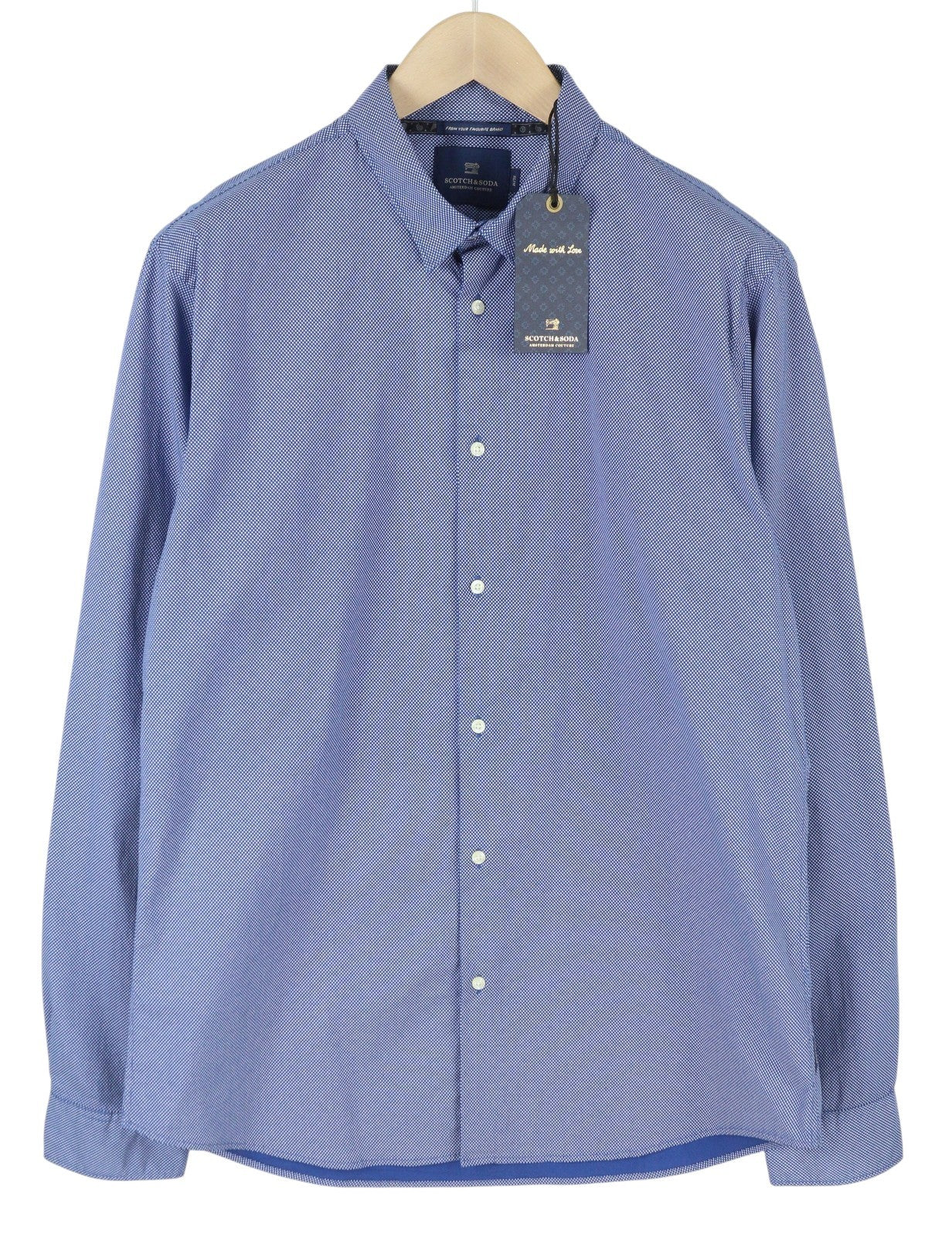 SCOTCH &amp; SODA Slim vyriški marškinėliai, XL dydžio, mėlyni, raštuoti, plataus kaklo, sagomis užsegami, laisvalaikio stiliaus. 