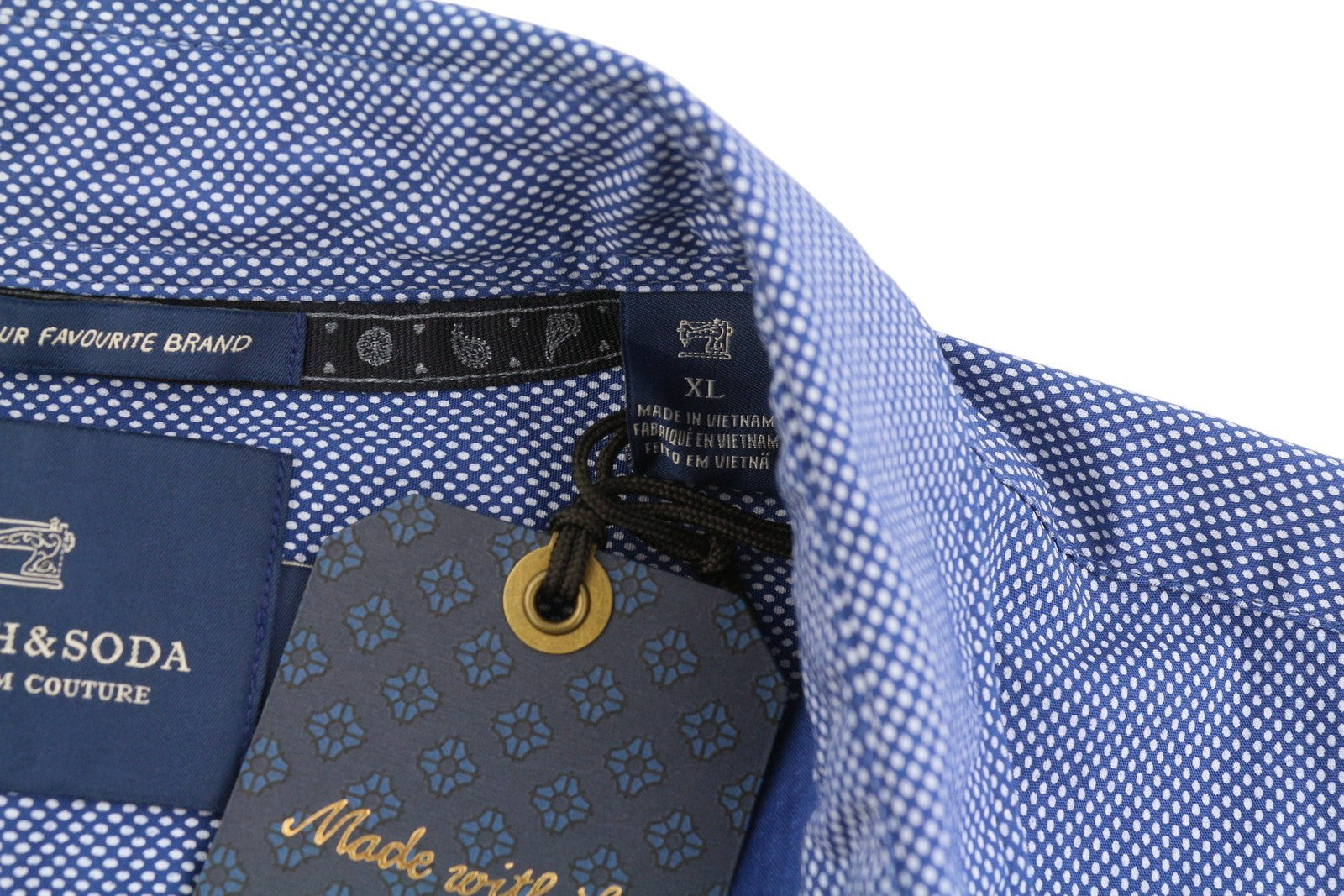 SCOTCH &amp; SODA Slim vyriški marškinėliai, XL dydžio, mėlyni, raštuoti, plataus kaklo, sagomis užsegami, laisvalaikio stiliaus. 