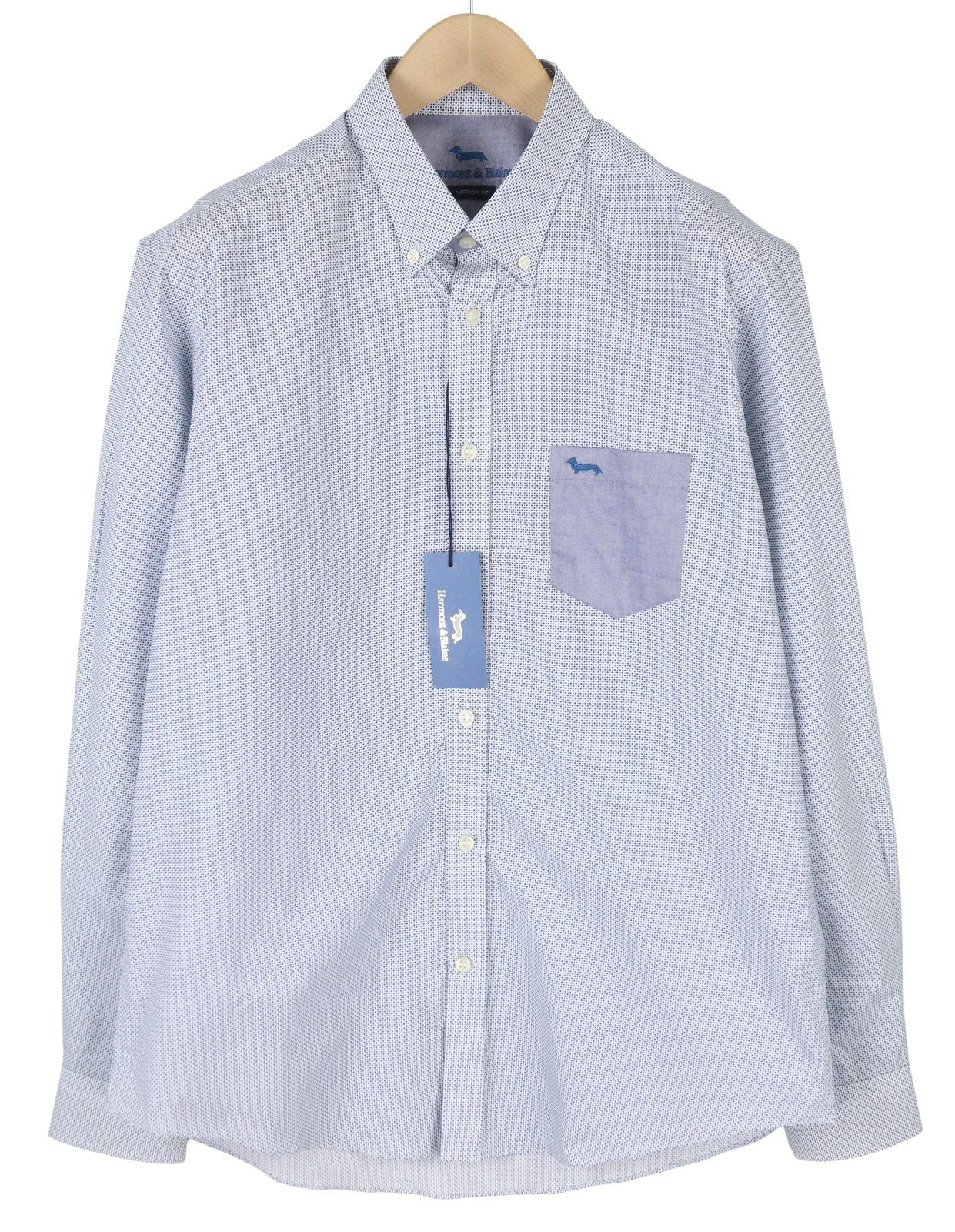 HARMONT &amp; BLAINE siauri vyriški marškinėliai, XL dydžio, mėlyni, raštuoti, su sagomis užsegama apykakle, laisvalaikio stiliaus