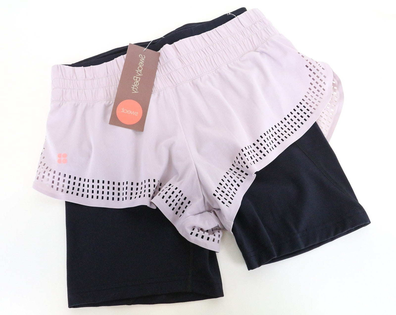 SWEATY BETTY Aerial moteriški šortai S violetiniai lengvi šokių 2in1 tamprūs šortai 