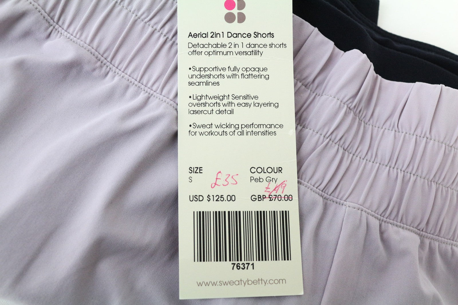 SWEATY BETTY Aerial moteriški šortai S violetiniai lengvi šokių 2in1 tamprūs šortai 