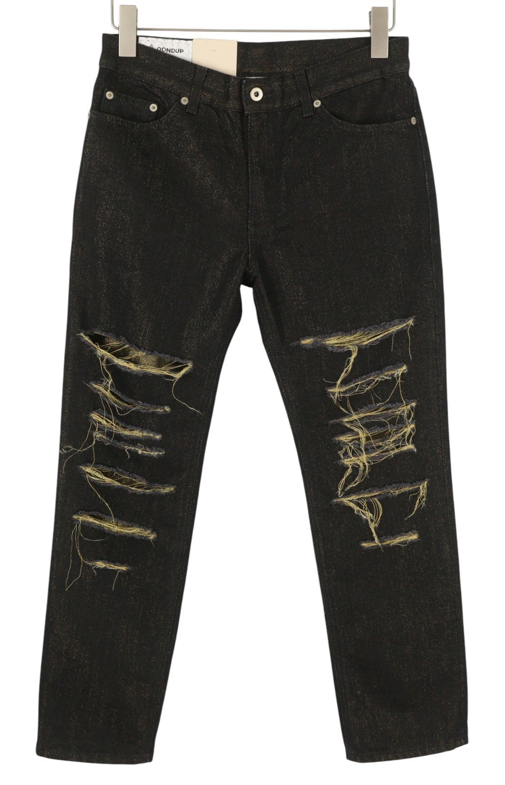 DONDUP moteriški džinsai 27 juodi, auksiniai, blizgučiai, plėšyti, trumpi, laisvi, RRP295 