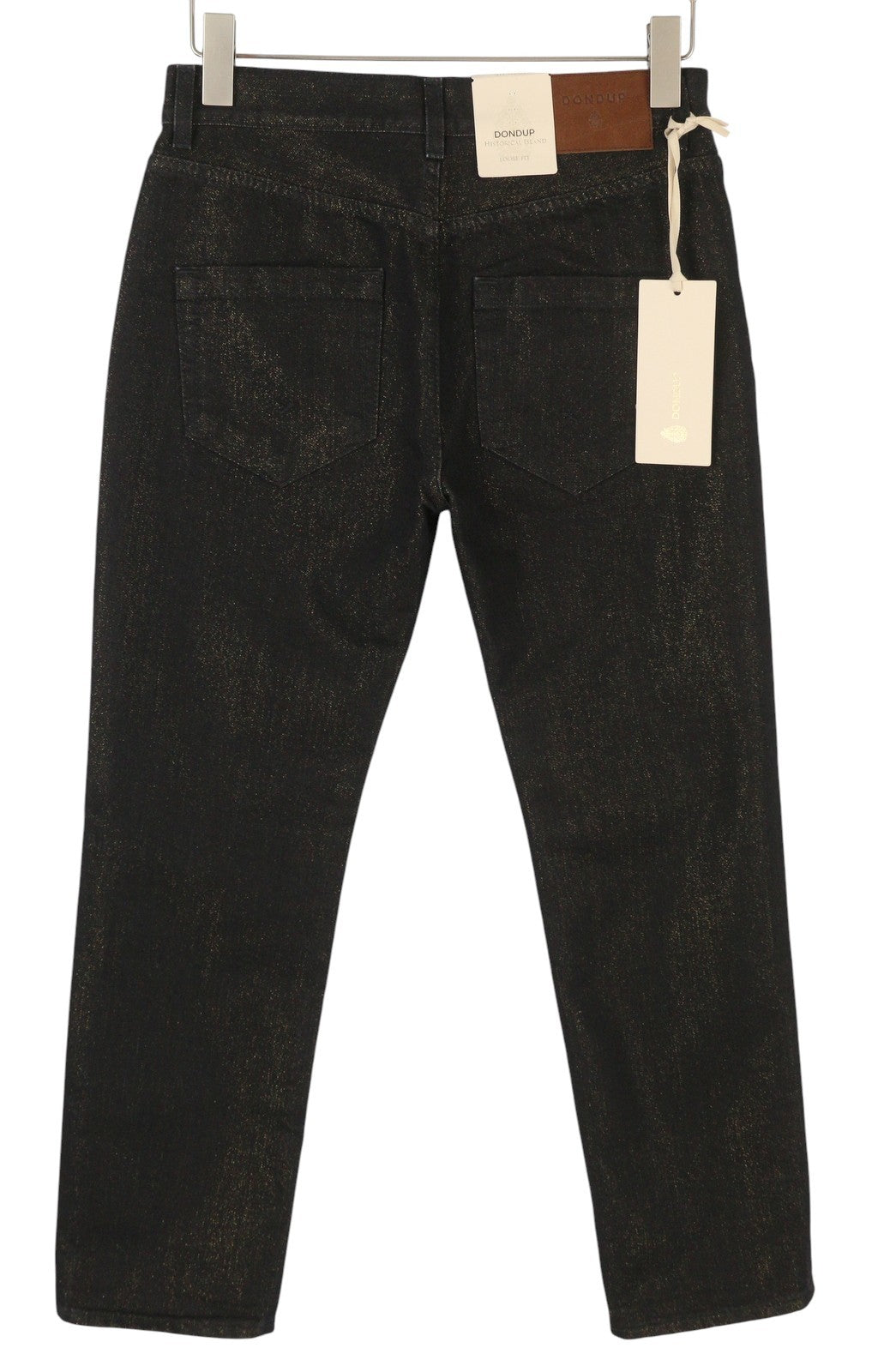 DONDUP moteriški džinsai 27 juodi, auksiniai, blizgučiai, plėšyti, trumpi, laisvi, RRP295 