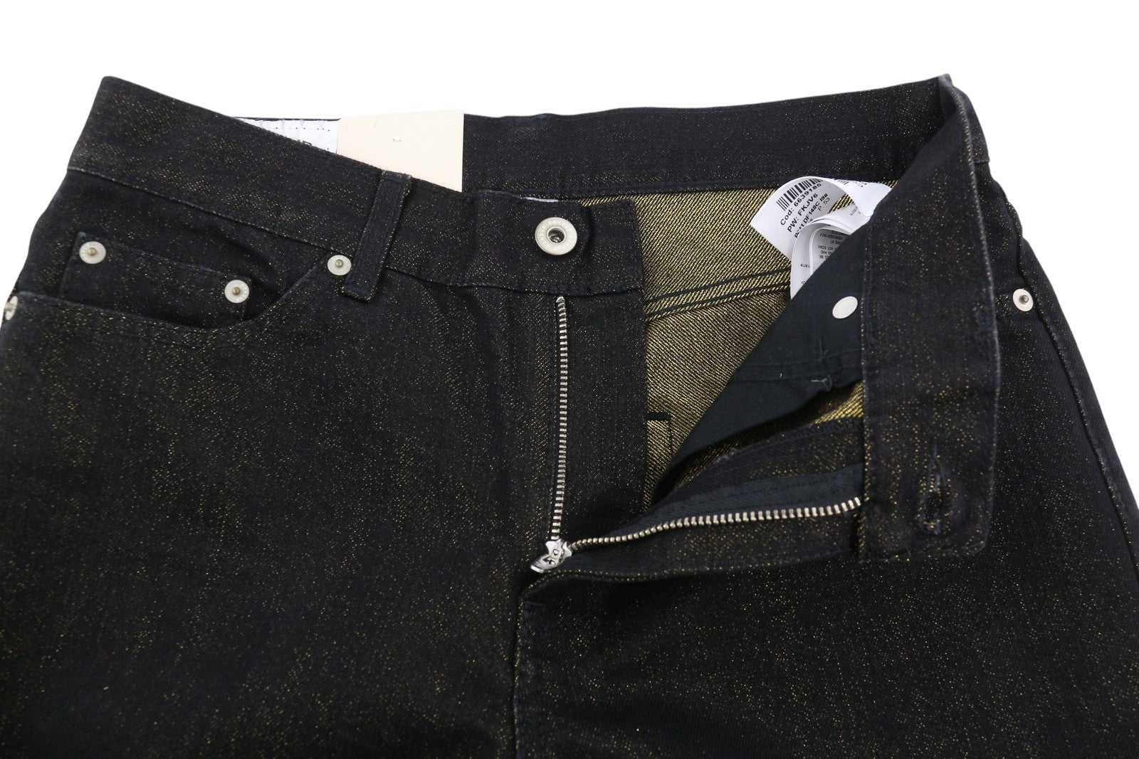 DONDUP moteriški džinsai 27 juodi, auksiniai, blizgučiai, plėšyti, trumpi, laisvi, RRP295 