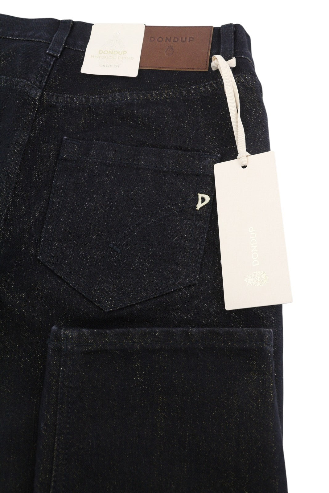 DONDUP moteriški džinsai 27 juodi, auksiniai, blizgučiai, plėšyti, trumpi, laisvi, RRP295 