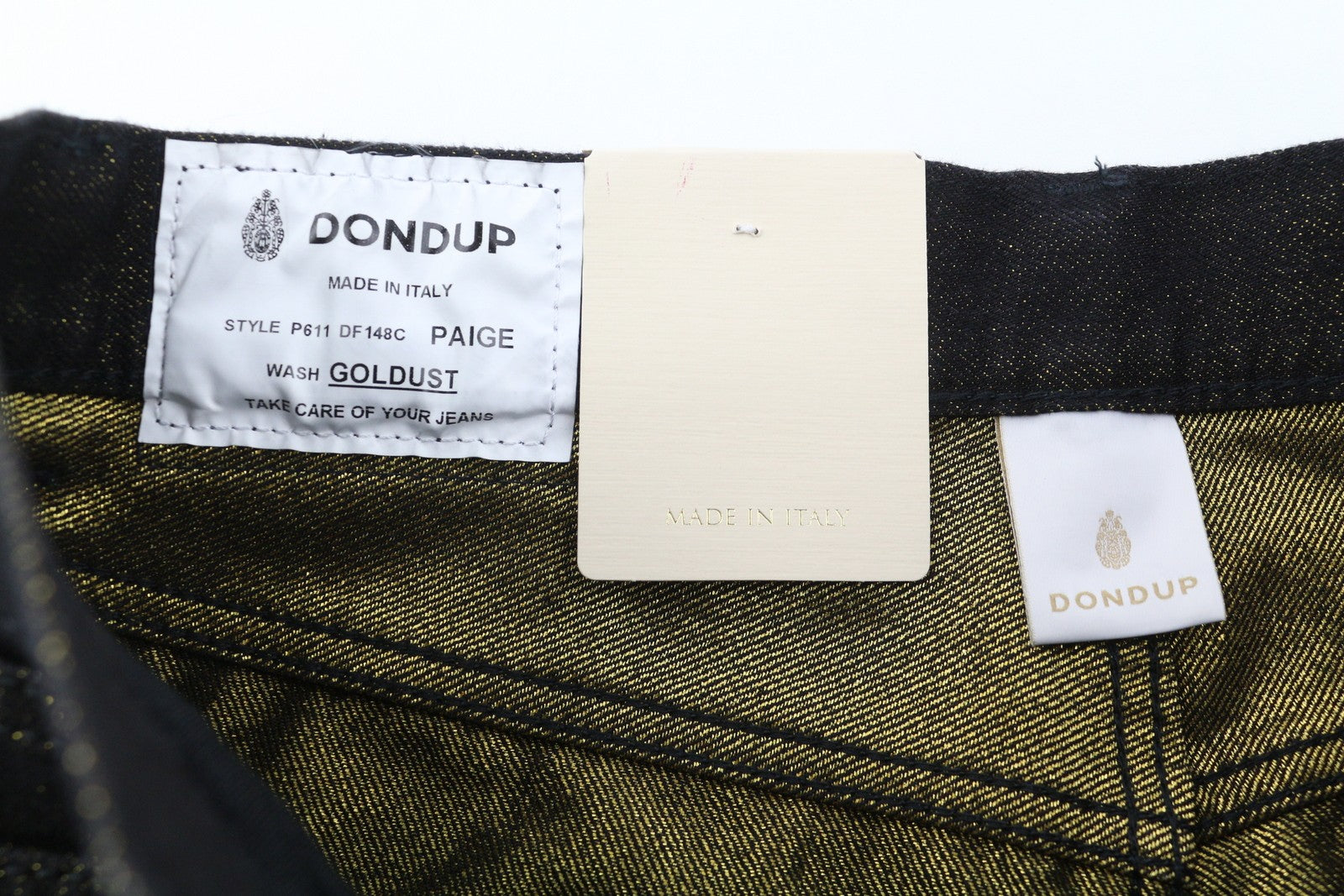 DONDUP moteriški džinsai 27 juodi, auksiniai, blizgučiai, plėšyti, trumpi, laisvi, RRP295 