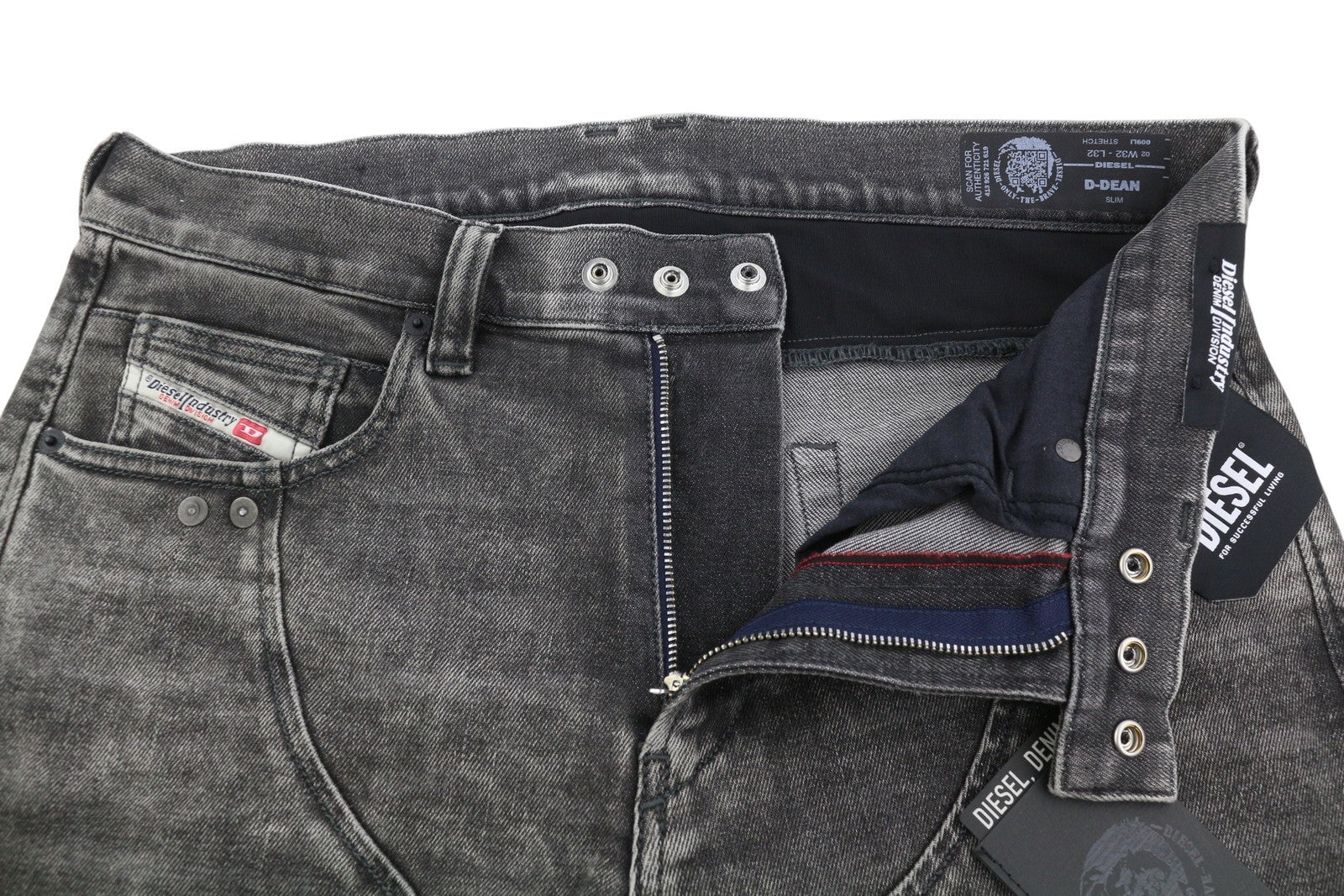 DIESEL D-Dean 009LI vyriški džinsai W32/L32 juodi, išblukę, ploni, tamprūs, užtrauktukai, „Fly Biker“ stiliaus. 