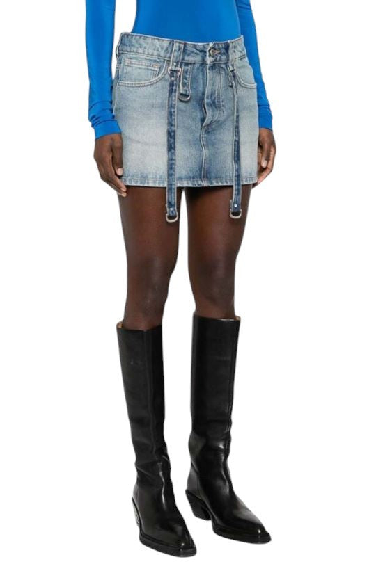 OFF-WHITE krovininis mini moteriškas sijonas, 40, džinso mėlyna spalva, išblukintos sagų kišenės, RRP499 