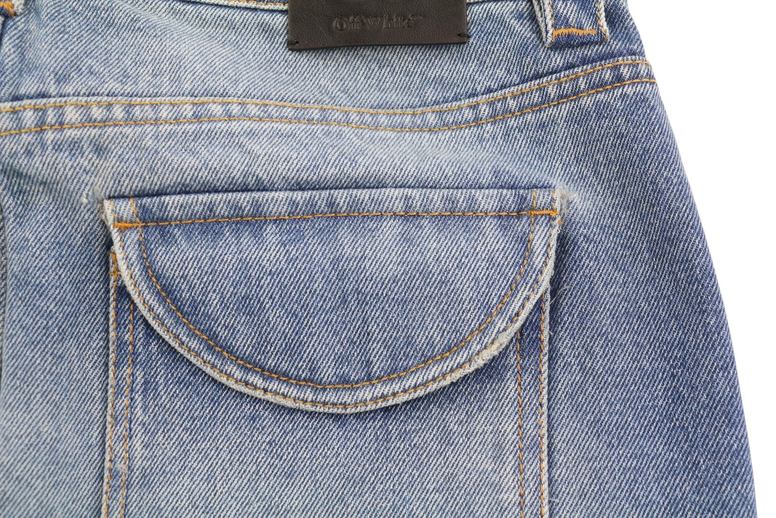 OFF-WHITE krovininis mini moteriškas sijonas, 40, džinso mėlyna spalva, išblukintos sagų kišenės, RRP499 