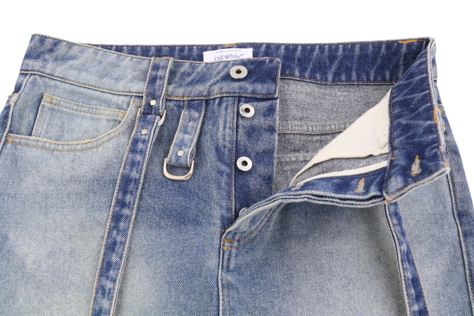 OFF-WHITE krovininis mini moteriškas sijonas, 40, džinso mėlyna spalva, išblukintos sagų kišenės, RRP499 