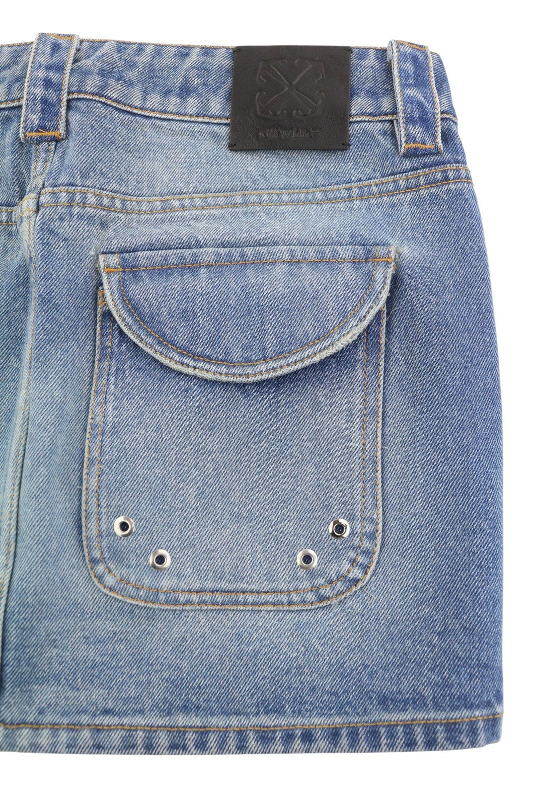 OFF-WHITE krovininis mini moteriškas sijonas, 40, džinso mėlyna spalva, išblukintos sagų kišenės, RRP499 