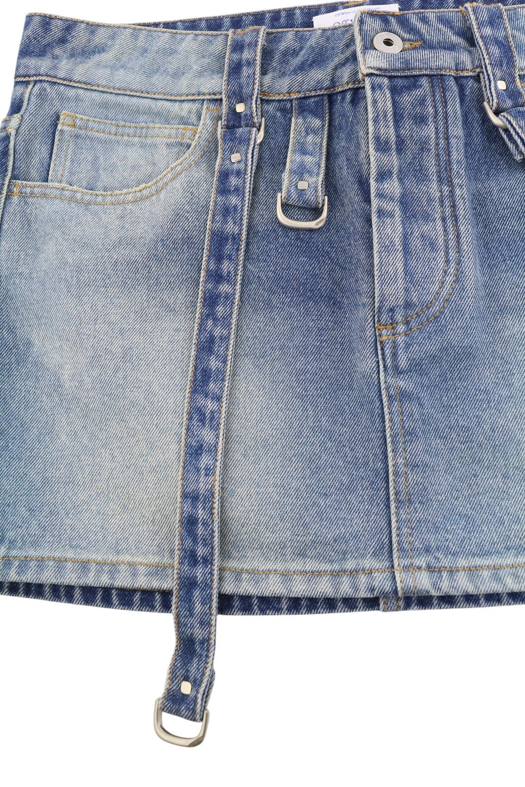 OFF-WHITE krovininis mini moteriškas sijonas, 40, džinso mėlyna spalva, išblukintos sagų kišenės, RRP499 