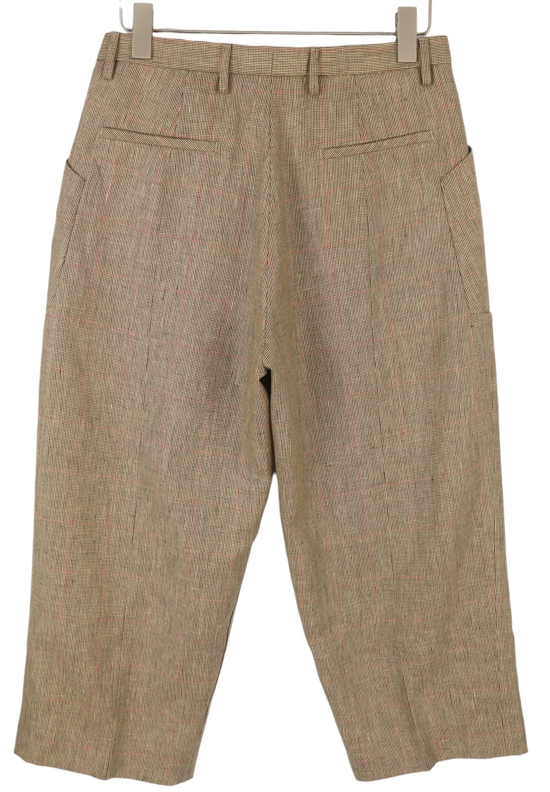 R13 Klojuotos moteriškos kelnės su kišenėmis 27 Rudos vilnos ir lino raštuotos trumpos SS25 