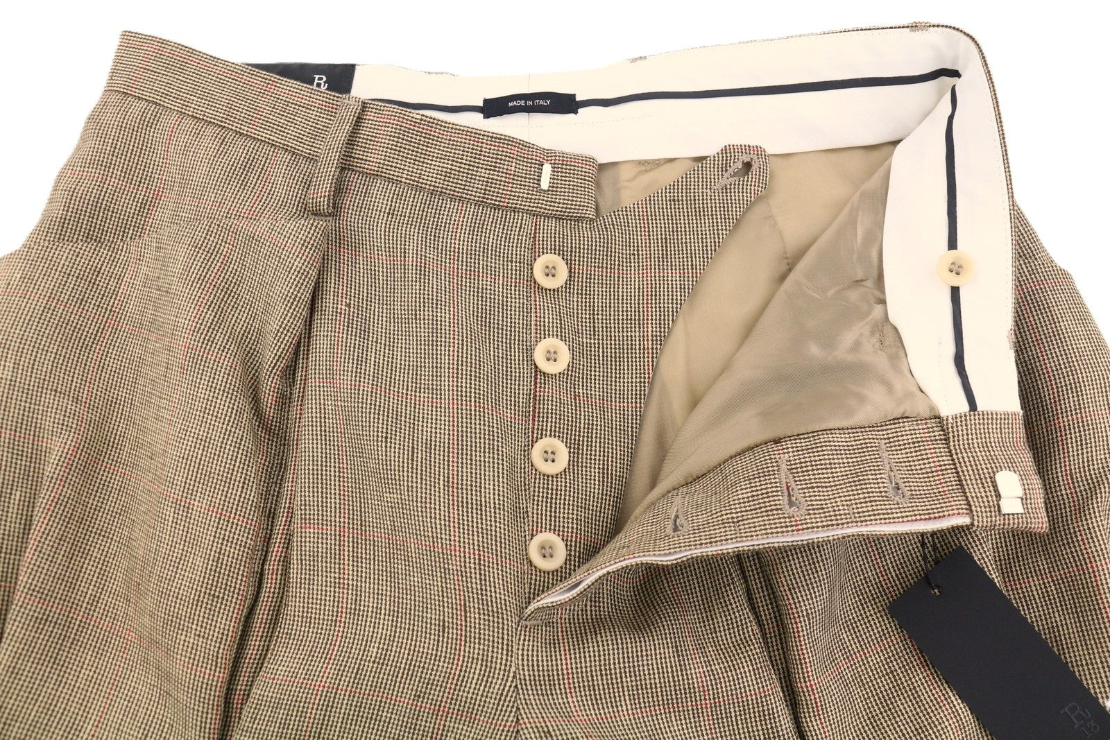 R13 Klojuotos moteriškos kelnės su kišenėmis 27 Rudos vilnos ir lino raštuotos trumpos SS25 