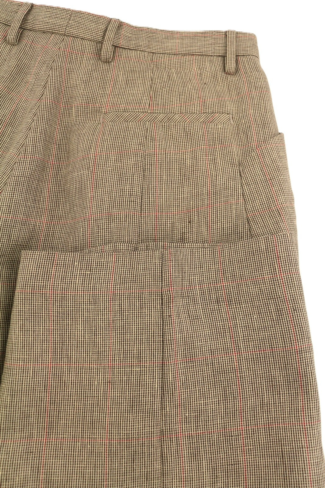 R13 Klojuotos moteriškos kelnės su kišenėmis 27 Rudos vilnos ir lino raštuotos trumpos SS25 