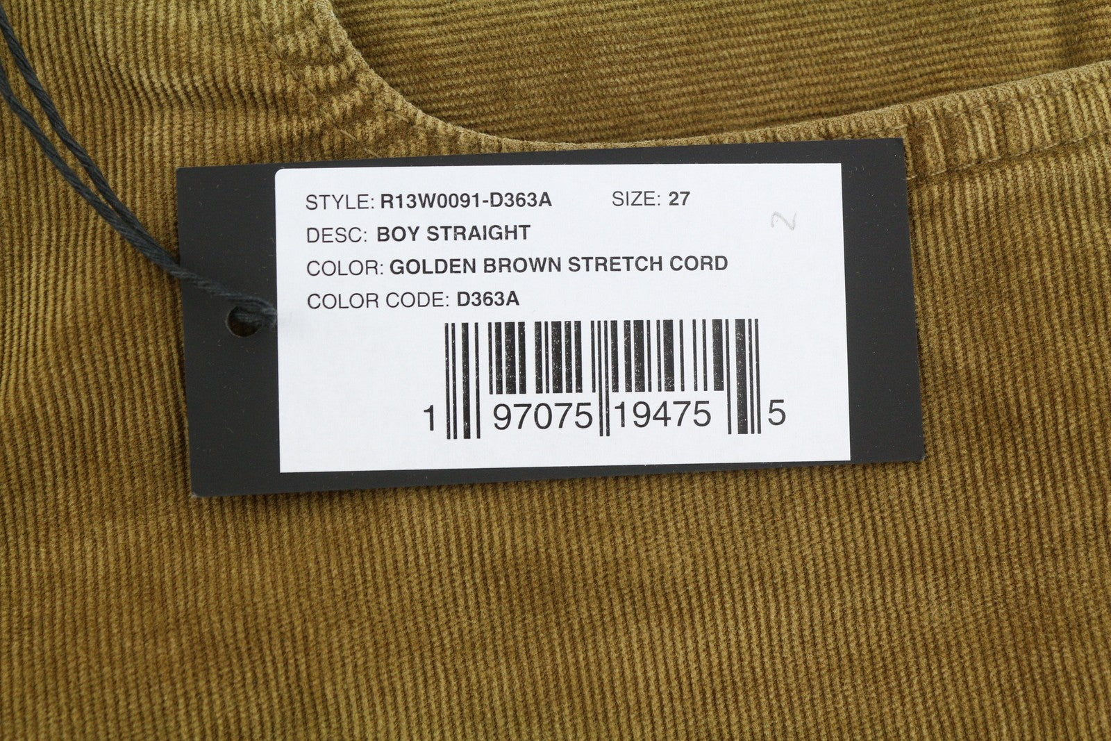 R13 Boy Straight Women Trousers 27 Golden Brown Stretch Cord Cropped Zip FW25