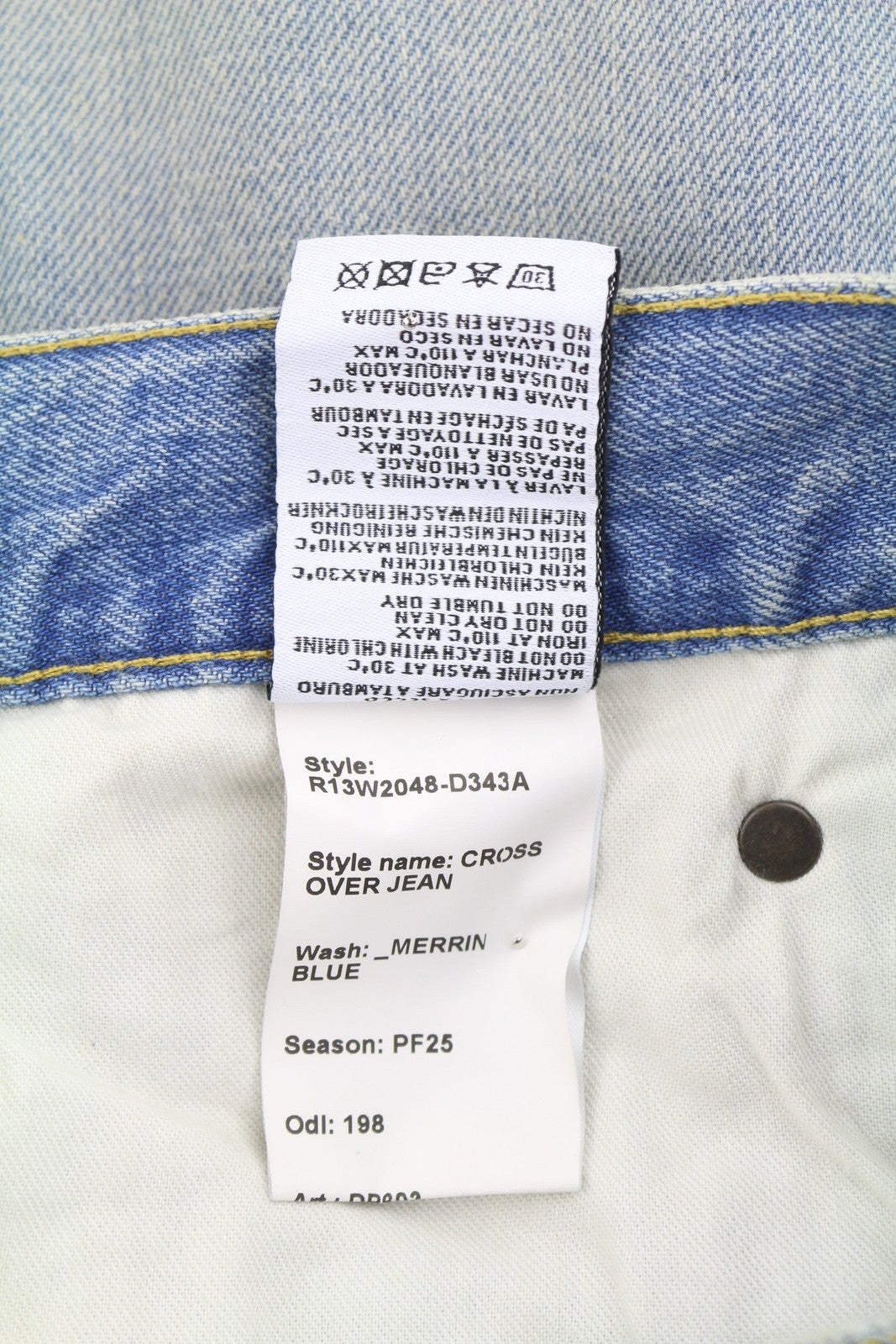 R13 moteriški džinsai su skersiniais 23 Merrin mėlyni išblukinti asimetriški tiesūs PF25 RRP795 