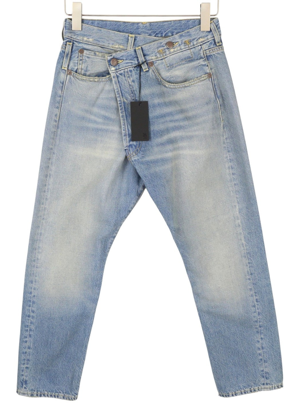 R13 moteriški džinsai su skersiniais 23 Merrin mėlyni išblukinti asimetriški tiesūs PF25 RRP795 