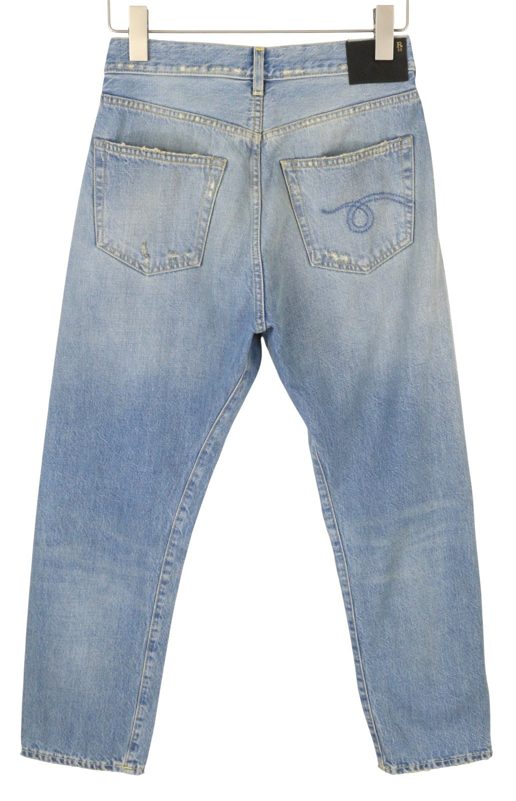 R13 moteriški džinsai su skersiniais 23 Merrin mėlyni išblukinti asimetriški tiesūs PF25 RRP795 