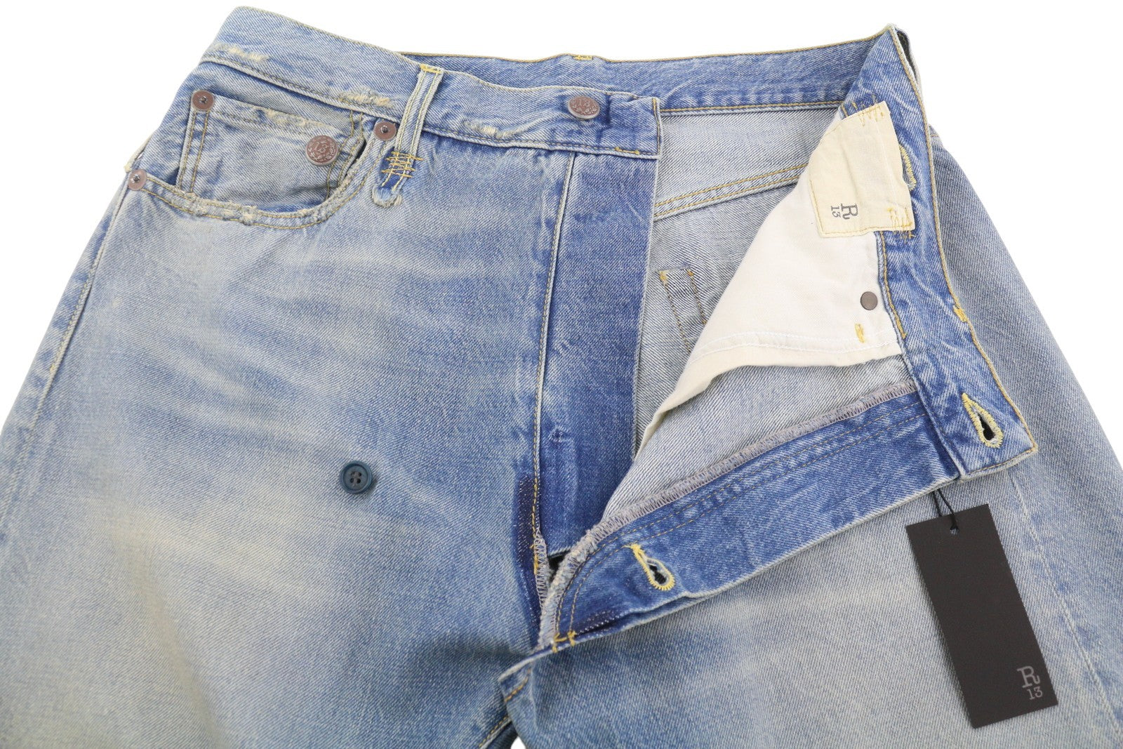 R13 moteriški džinsai su skersiniais 23 Merrin mėlyni išblukinti asimetriški tiesūs PF25 RRP795 