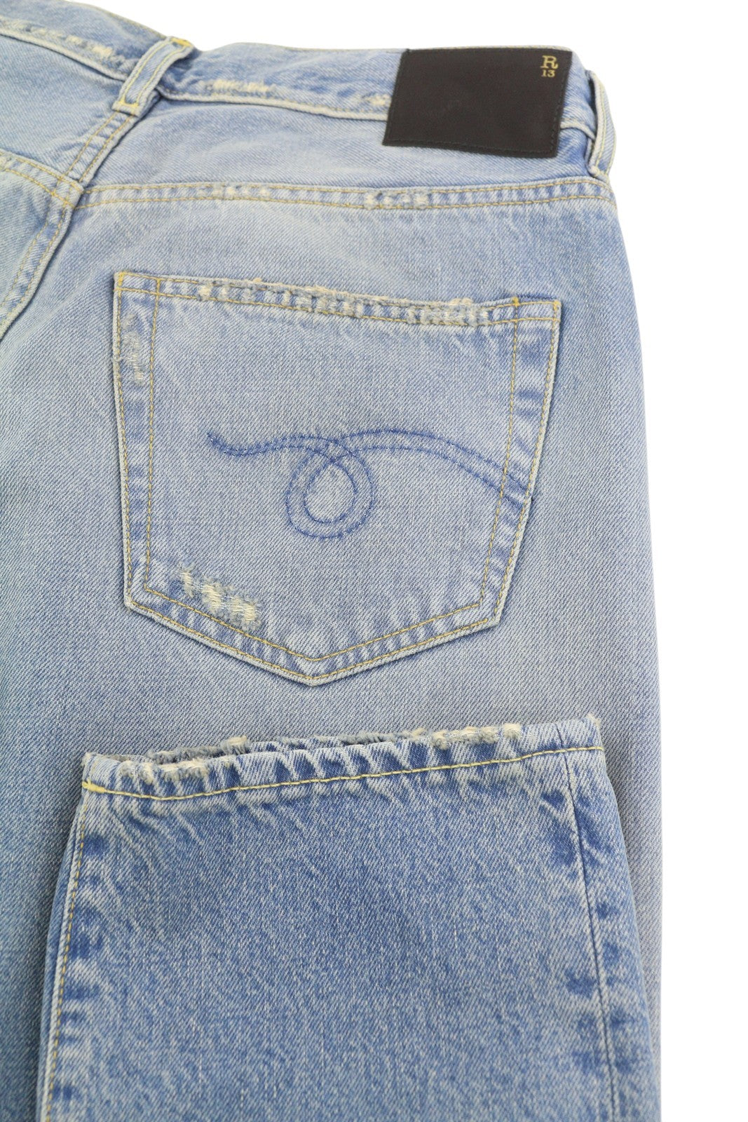 R13 moteriški džinsai su skersiniais 23 Merrin mėlyni išblukinti asimetriški tiesūs PF25 RRP795 