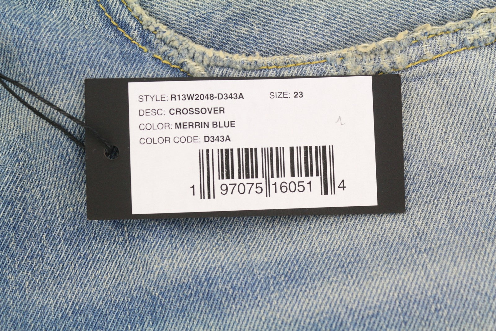 R13 moteriški džinsai su skersiniais 23 Merrin mėlyni išblukinti asimetriški tiesūs PF25 RRP795 