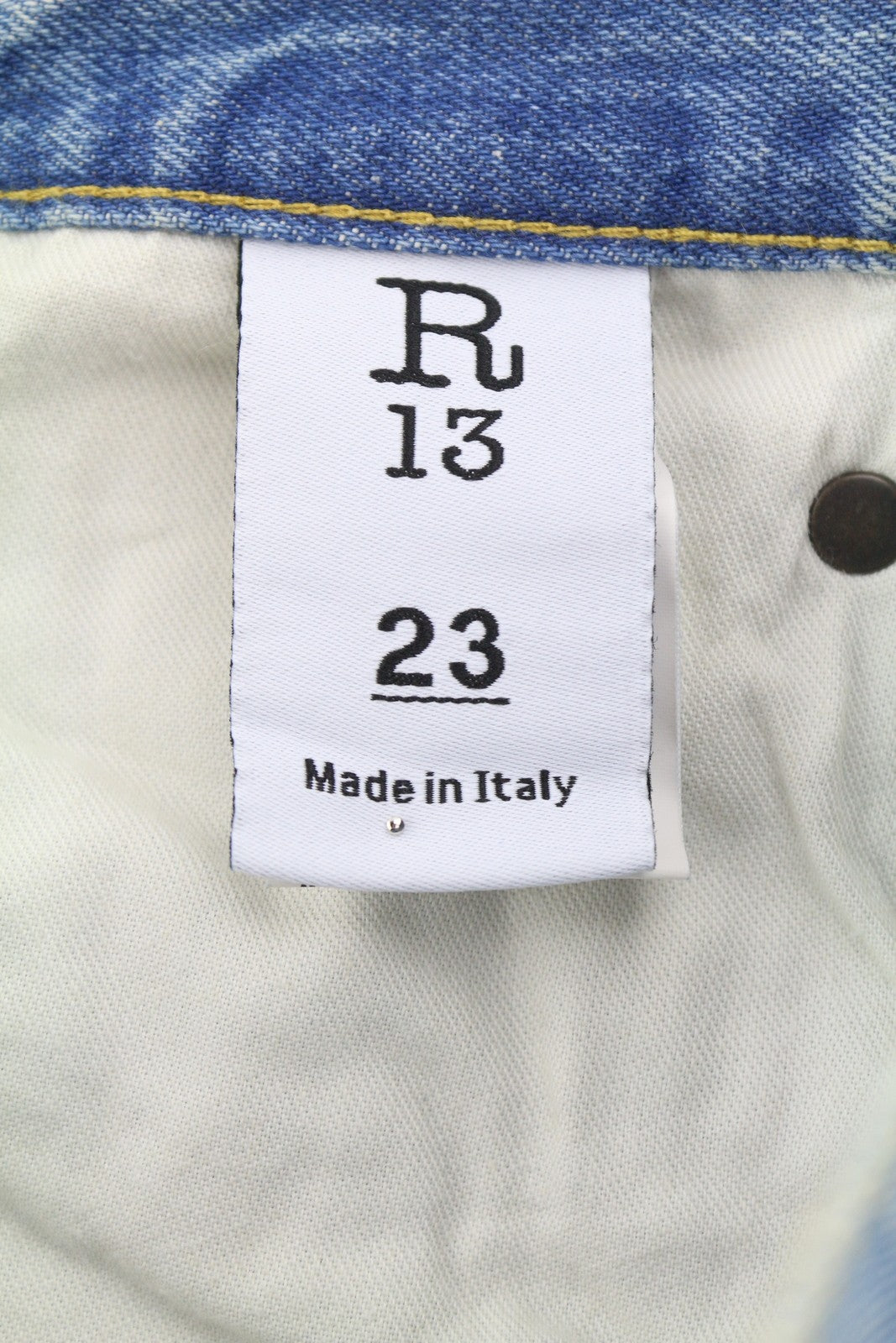 R13 moteriški džinsai su skersiniais 23 Merrin mėlyni išblukinti asimetriški tiesūs PF25 RRP795 