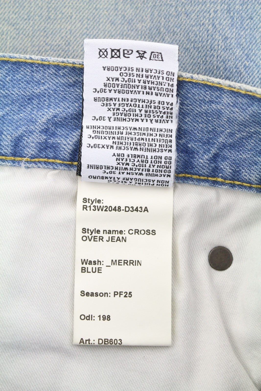 R13 moteriški džinsai su skersiniais 25 Merrin mėlyni išblukinti asimetriški tiesūs PF25 RRP795 