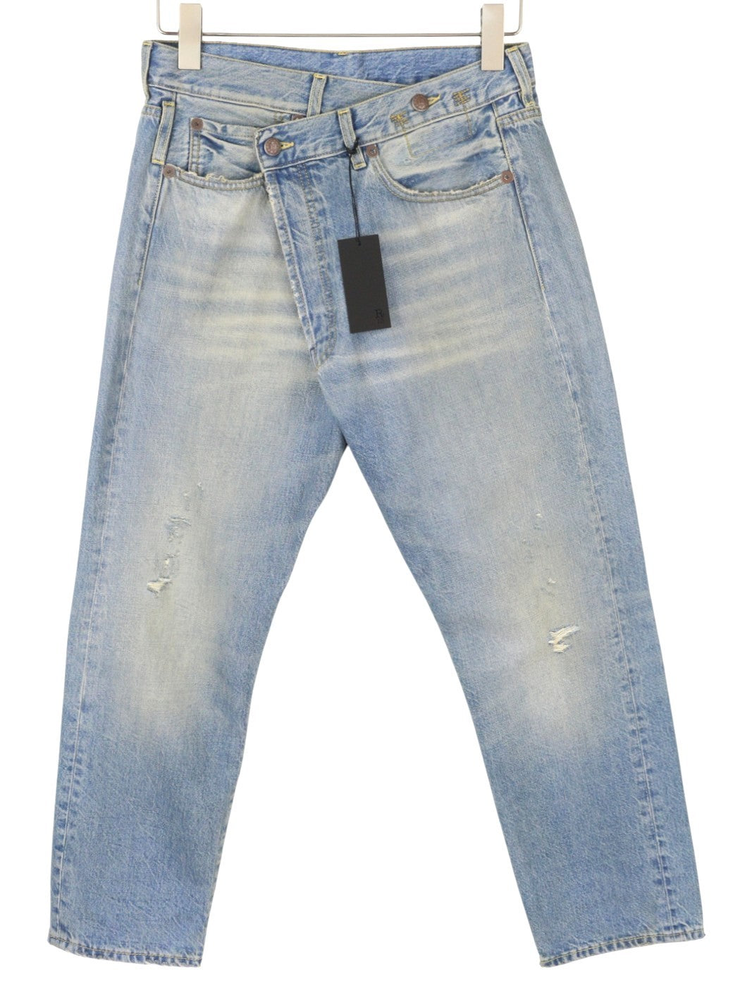 R13 moteriški džinsai su skersiniais 25 Merrin mėlyni išblukinti asimetriški tiesūs PF25 RRP795 