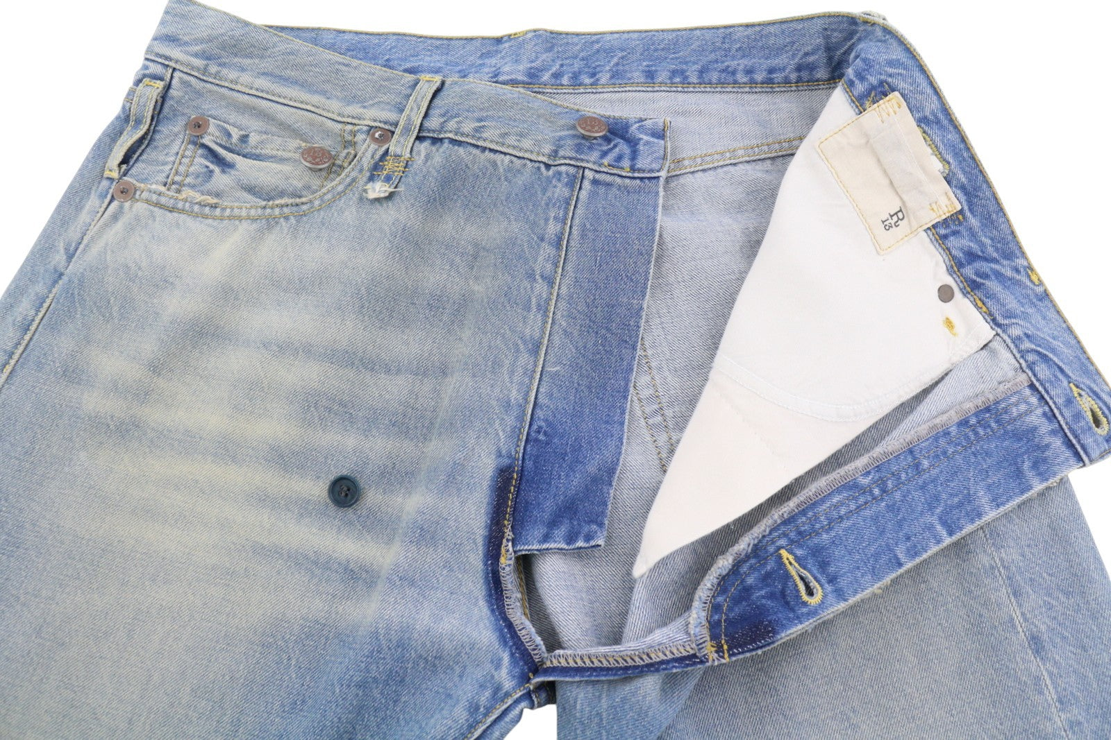 R13 moteriški džinsai su skersiniais 25 Merrin mėlyni išblukinti asimetriški tiesūs PF25 RRP795 