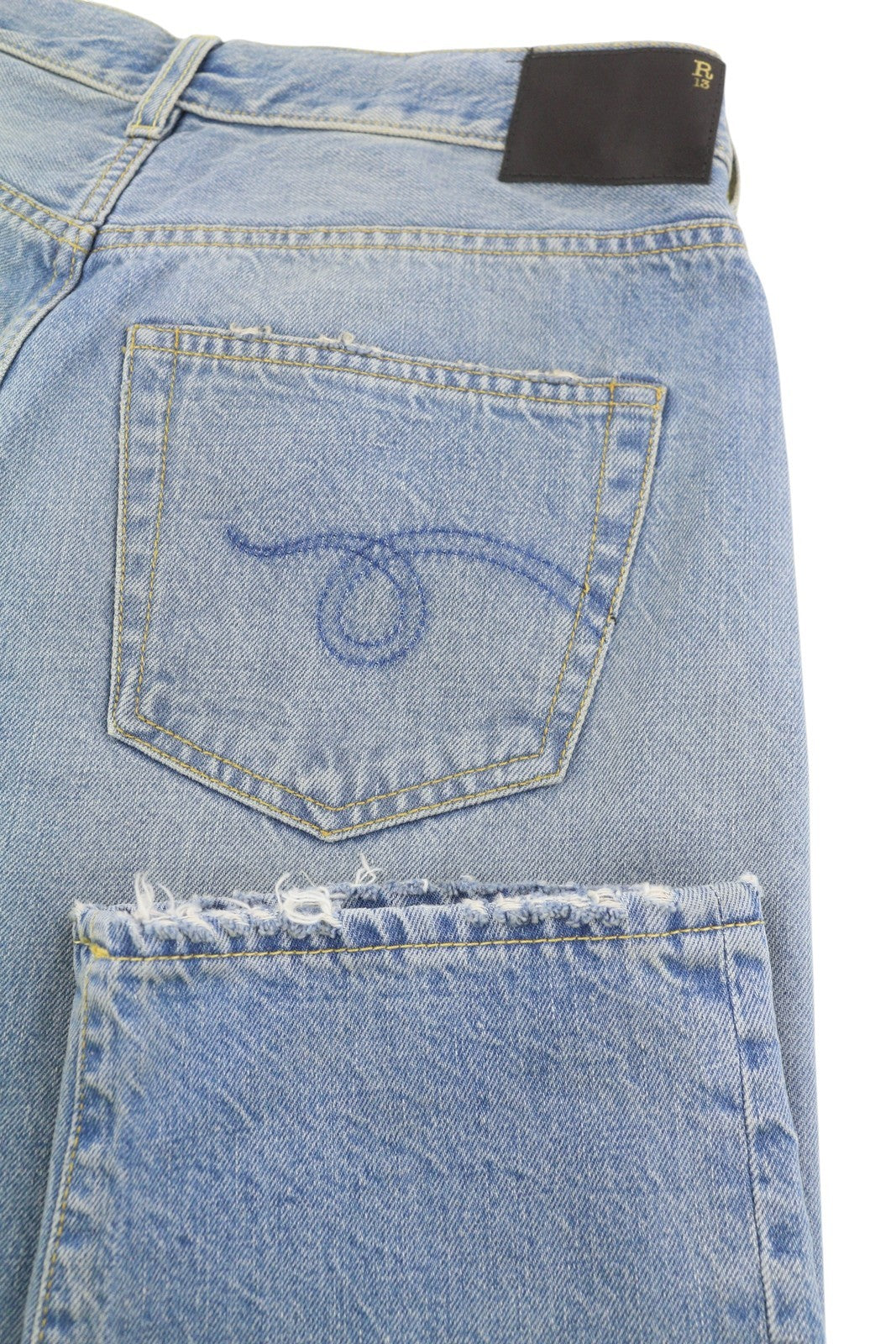 R13 moteriški džinsai su skersiniais 25 Merrin mėlyni išblukinti asimetriški tiesūs PF25 RRP795 