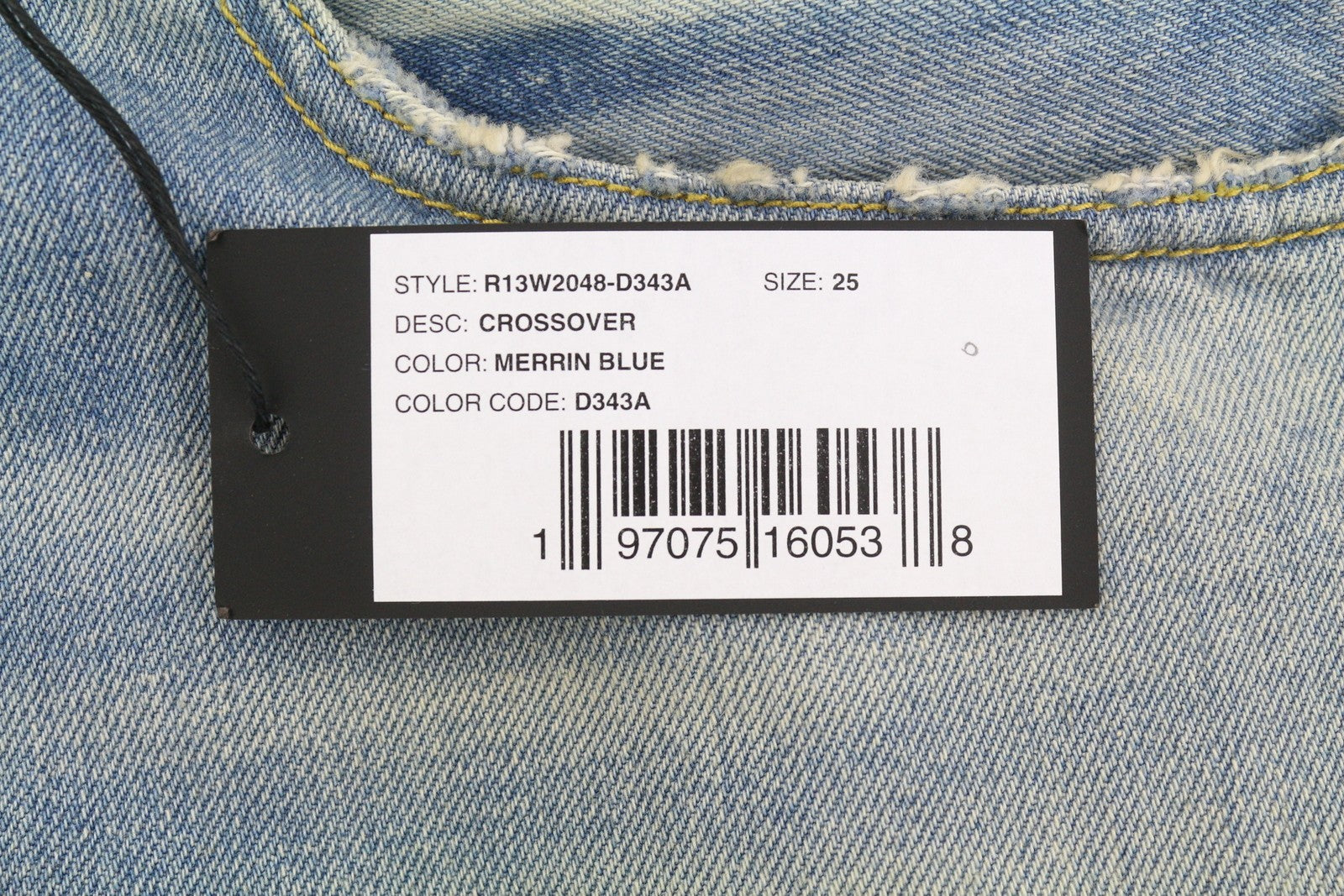 R13 moteriški džinsai su skersiniais 25 Merrin mėlyni išblukinti asimetriški tiesūs PF25 RRP795 