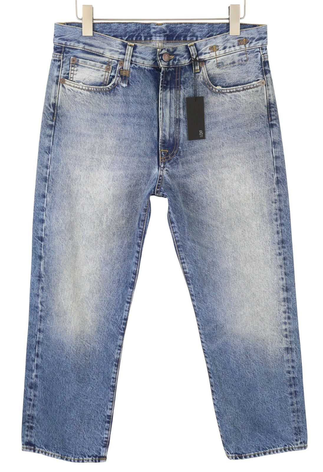 R13 Boyfriend moteriški džinsai 29 Jasper trumpinti užtrauktuku, ūsai, išblukusi mėlyna FW25 