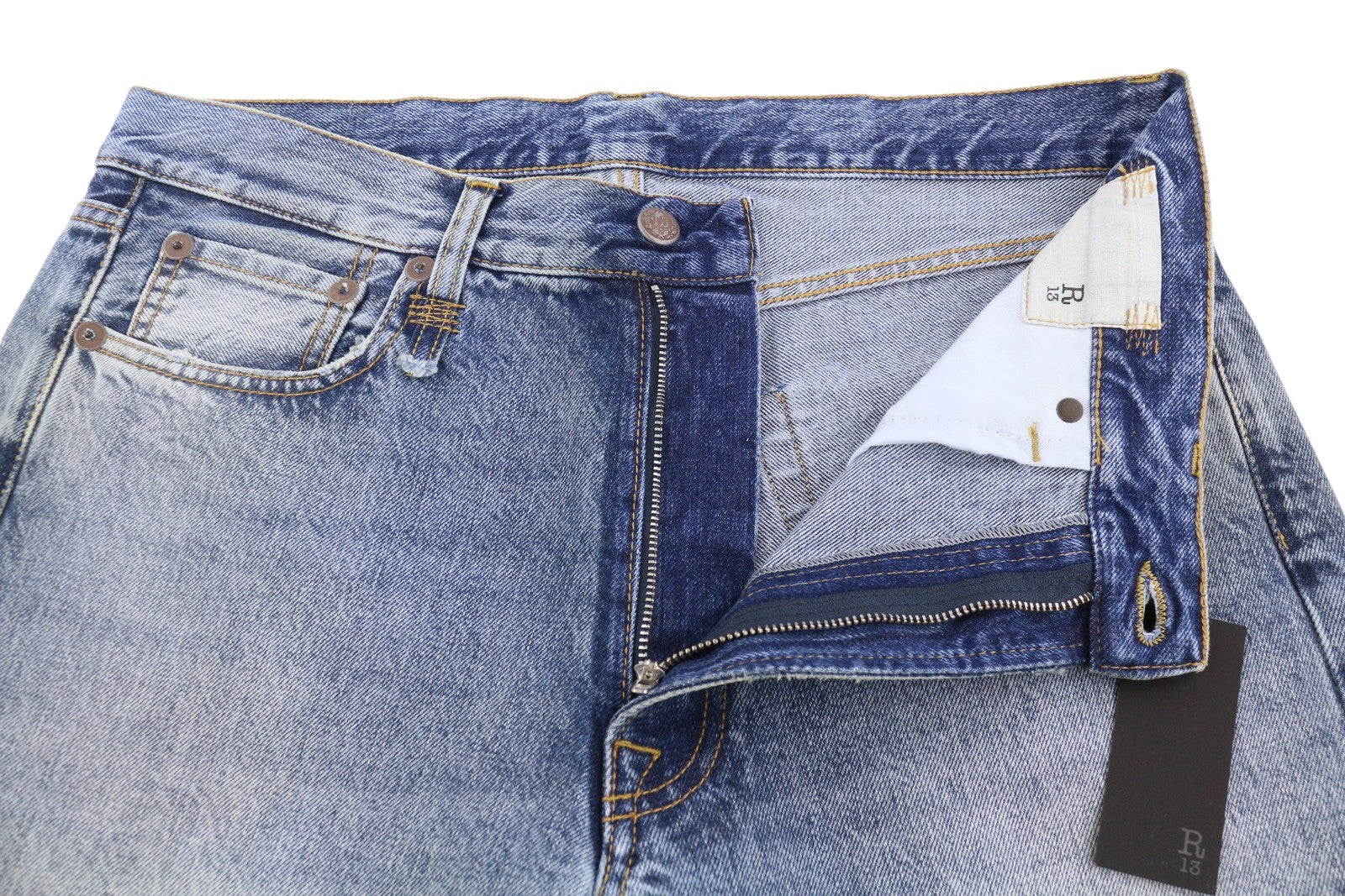 R13 Boyfriend moteriški džinsai 29 Jasper trumpinti užtrauktuku, ūsai, išblukusi mėlyna FW25 