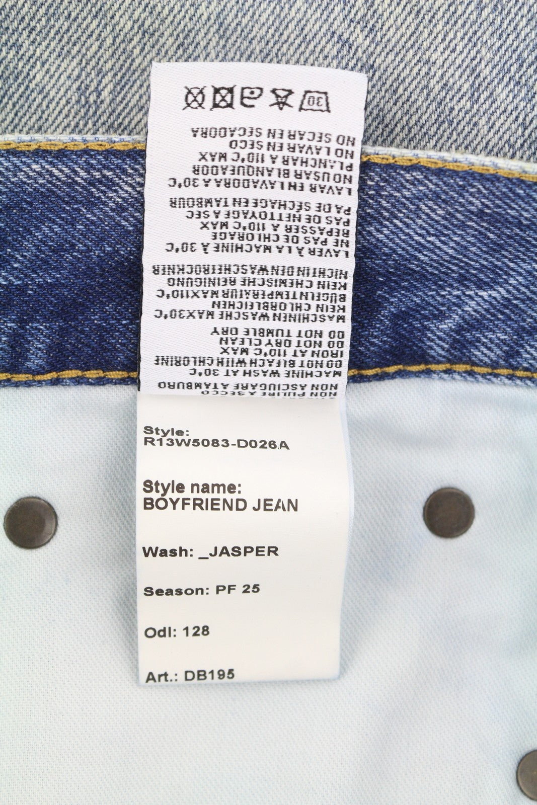 R13 Boyfriend moteriški džinsai 29 Jasper trumpinti užtrauktuku, ūsai, išblukusi mėlyna FW25 