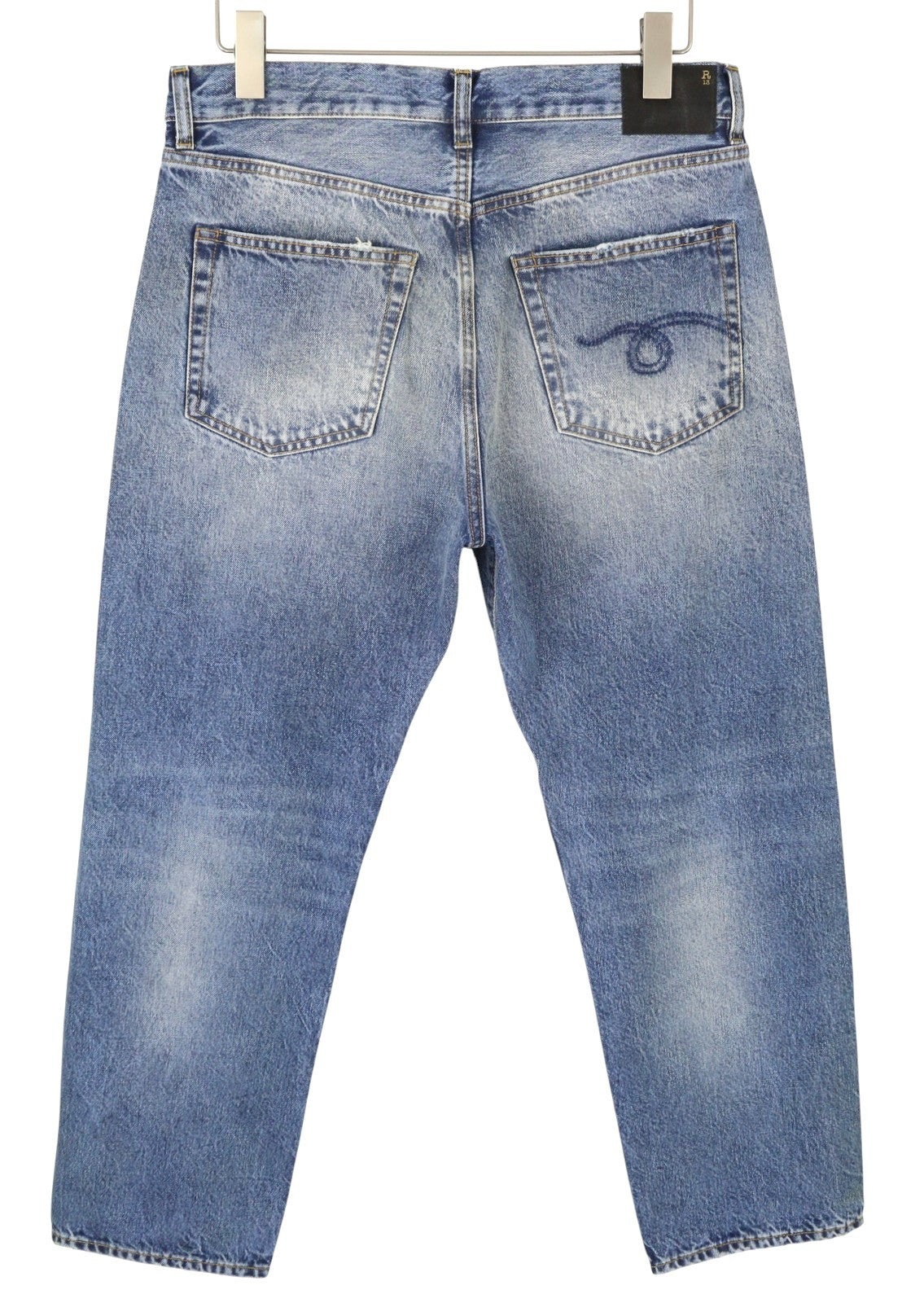 R13 Boyfriend moteriški džinsai 28 Jasper trumpinti užtrauktuku, ūsai, išblukusi mėlyna FW25 