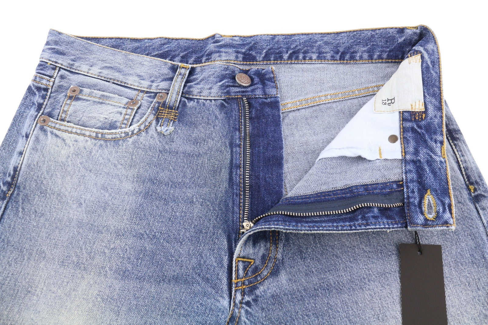 R13 Boyfriend moteriški džinsai 28 Jasper trumpinti užtrauktuku, ūsai, išblukusi mėlyna FW25 