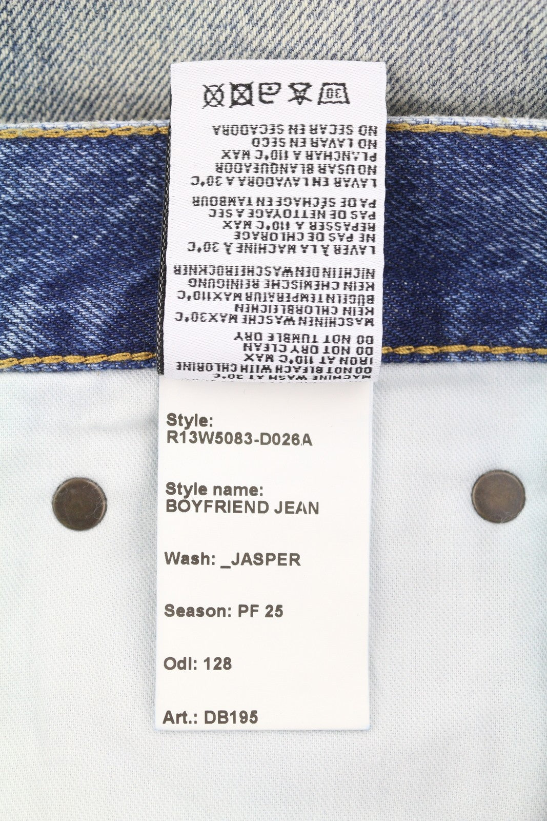 R13 Boyfriend moteriški džinsai 28 Jasper trumpinti užtrauktuku, ūsai, išblukusi mėlyna FW25 