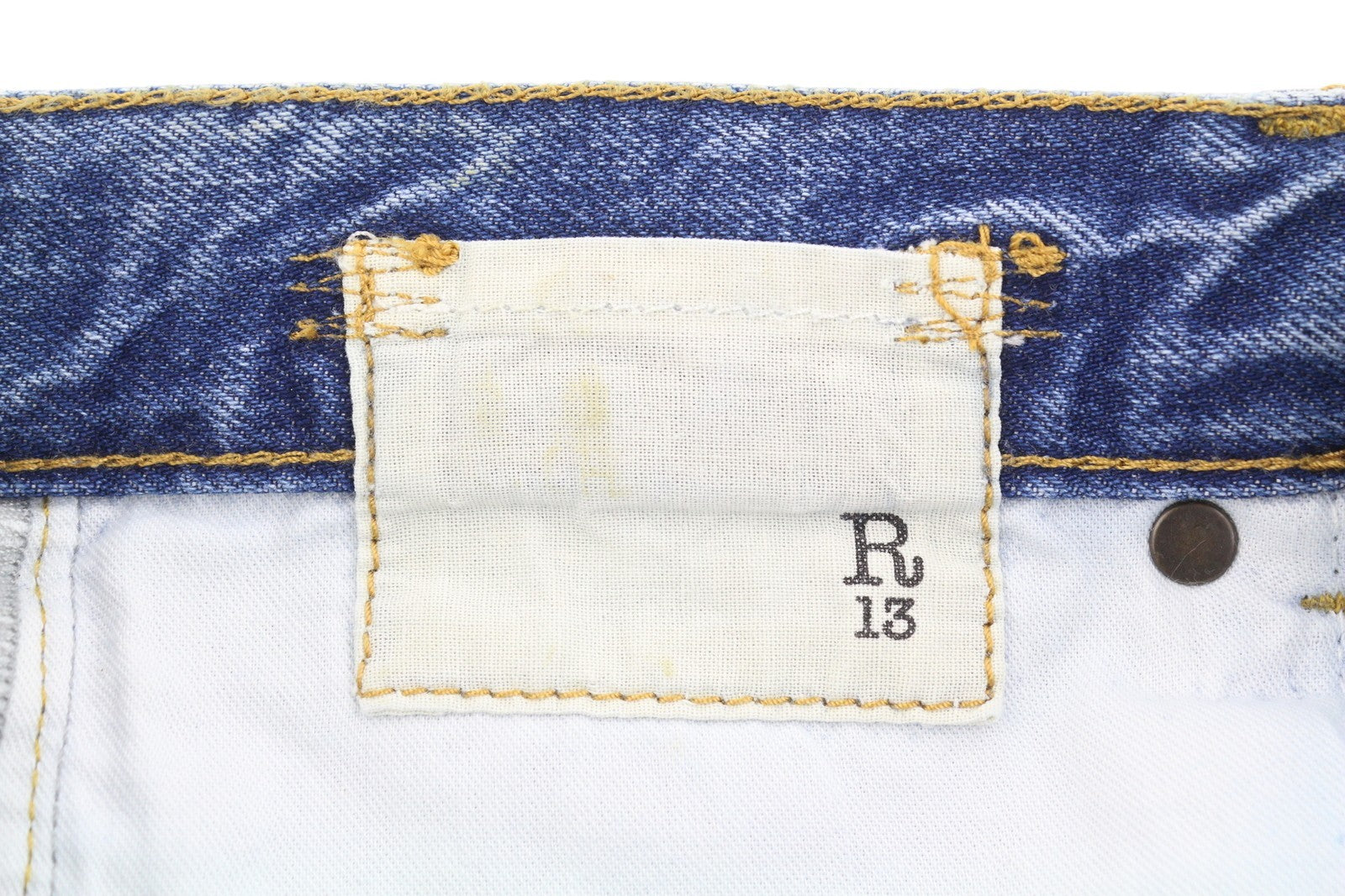 R13 Boyfriend moteriški džinsai 27 Jasper trumpinti užtrauktuku, ūsai, išblukusi mėlyna FW25 