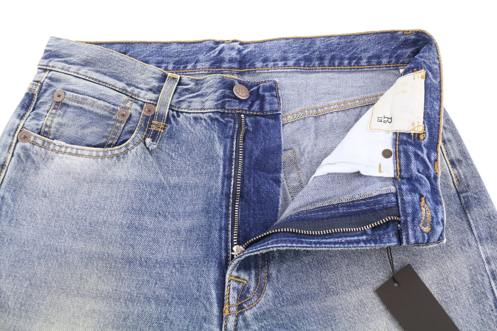 R13 Boyfriend moteriški džinsai 27 Jasper trumpinti užtrauktuku, ūsai, išblukusi mėlyna FW25 