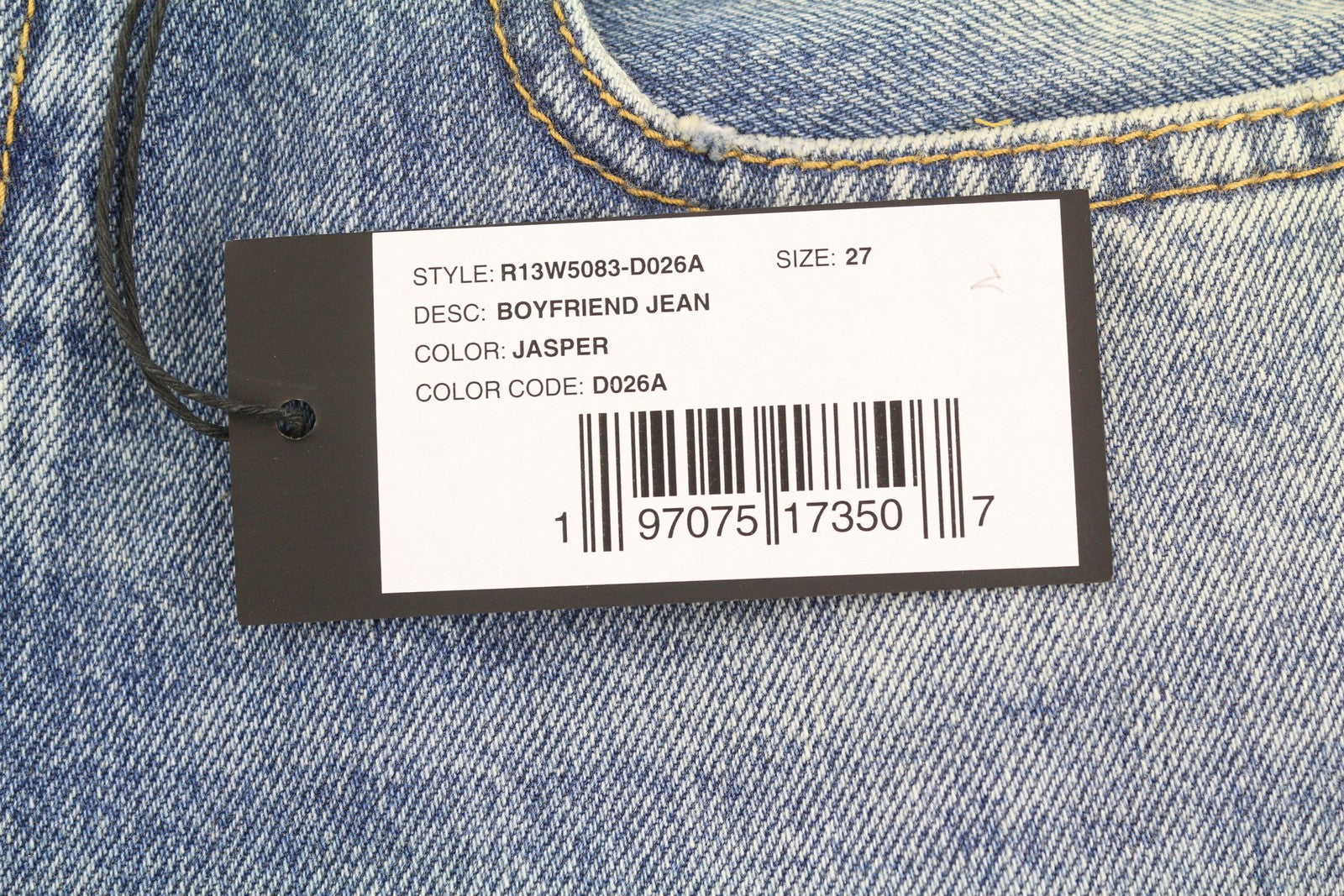 R13 Boyfriend moteriški džinsai 27 Jasper trumpinti užtrauktuku, ūsai, išblukusi mėlyna FW25 