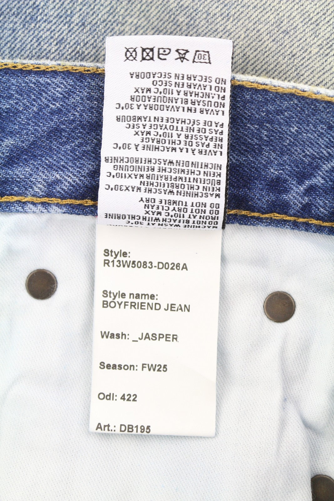 R13 Boyfriend moteriški džinsai 27 Jasper trumpinti užtrauktuku, ūsai, išblukusi mėlyna FW25 