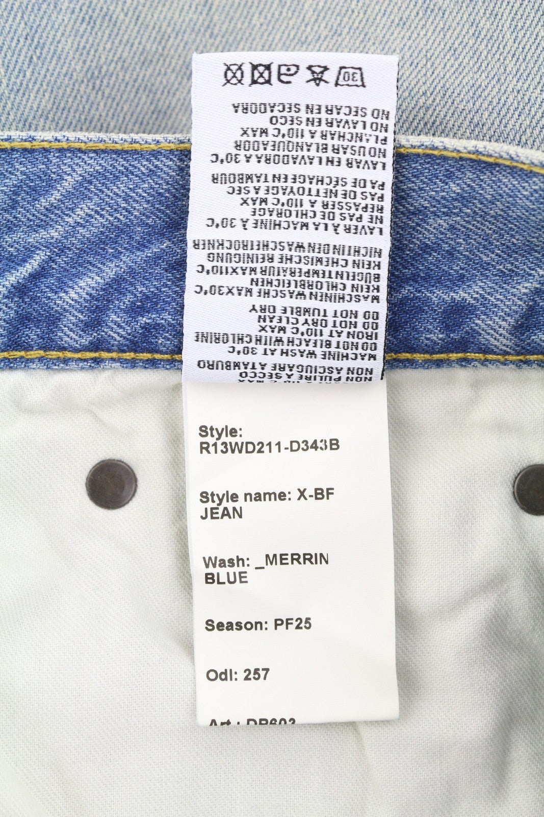 R13 X-BF moteriški džinsai 27 Merrin mėlyni ūsai su išblukusiu trumpintu užtrauktuku PF25 